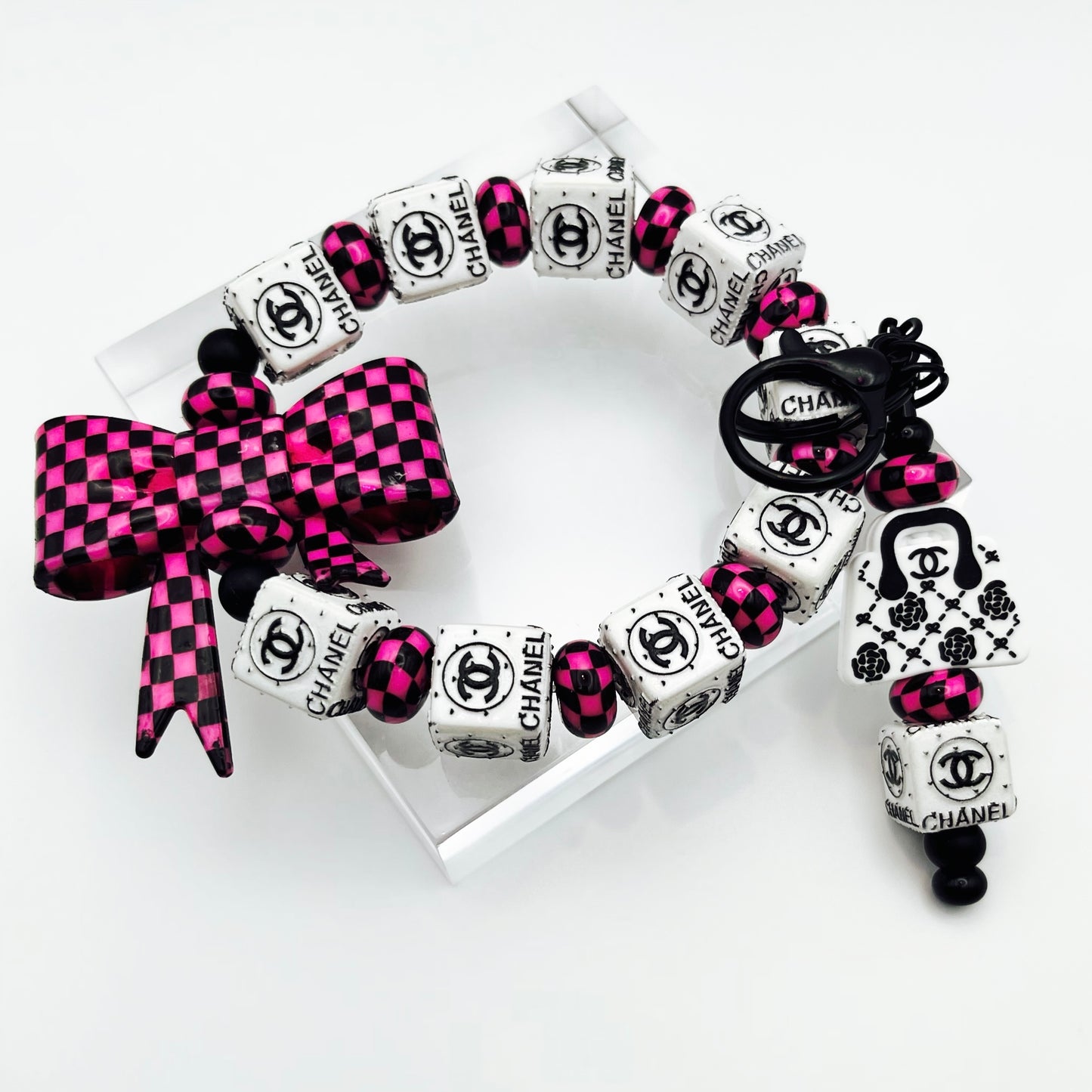 Checkered Pink Fashion Themed Inspired Beaded Keychain Wristlet