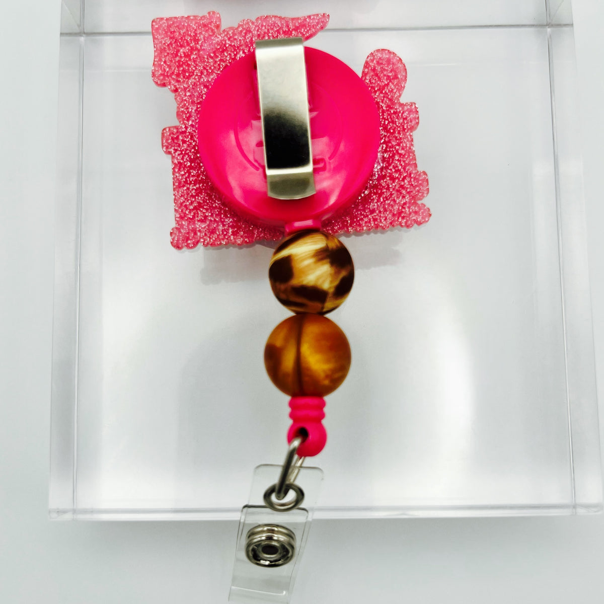Leopard LPN Glitter Acrylic Badge Holder with Beads