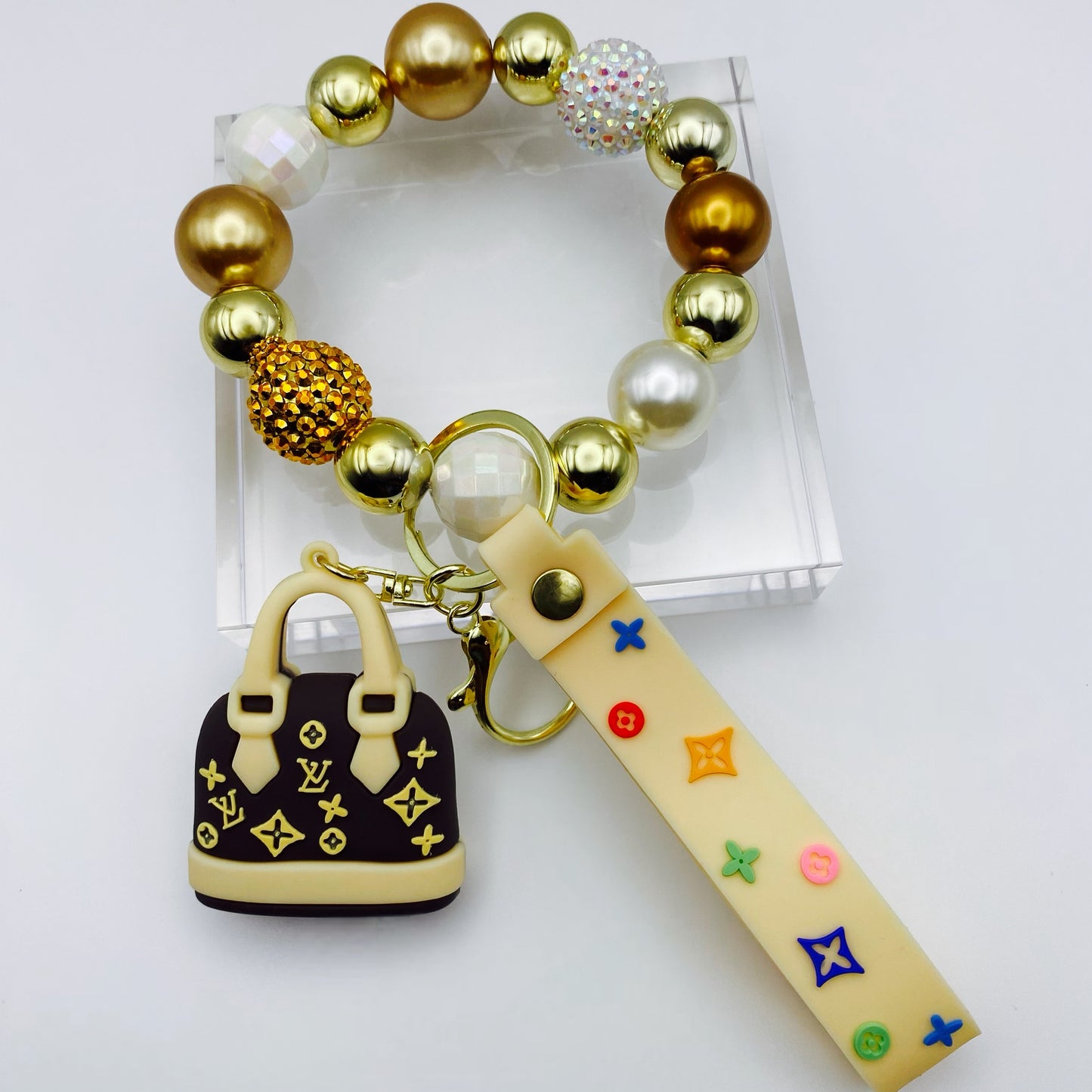 Gold LV Inspired Beaded Keychain Wristlet