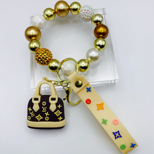 Gold LV Inspired Beaded Keychain Wristlet