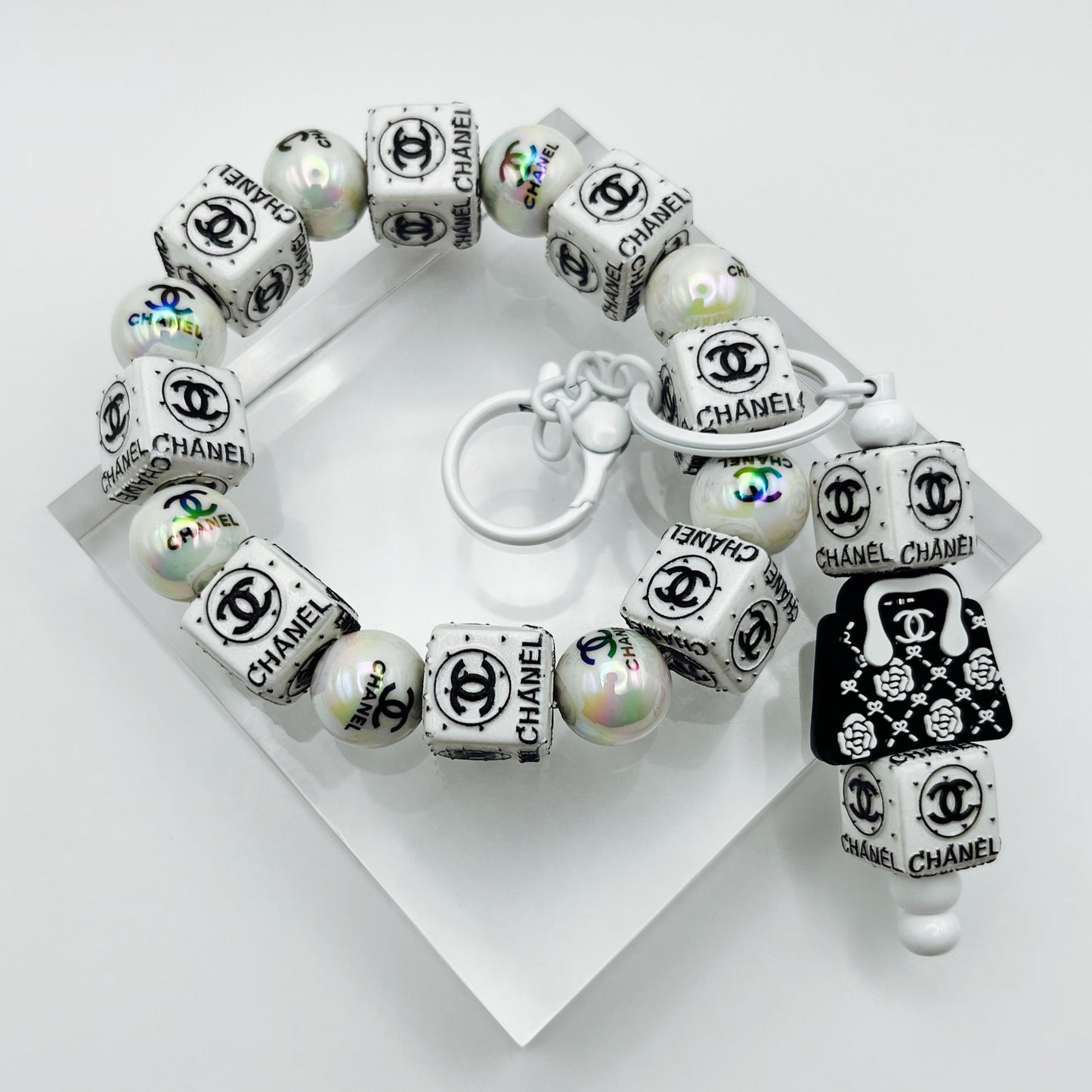 Black and White Fashion Themed Beaded Keychain Wristlet