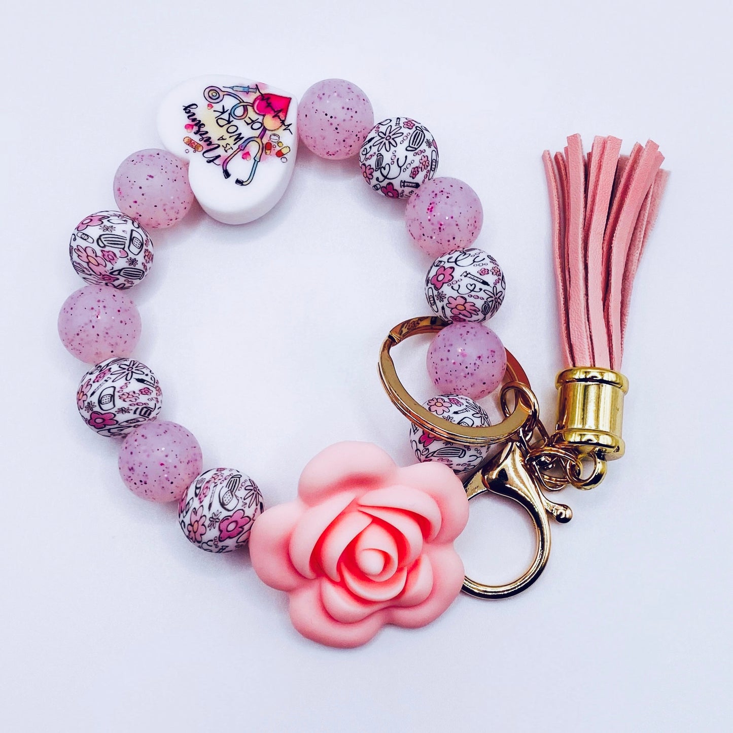Nursing is A Work Of Heart Beaded Keychain Wristlet