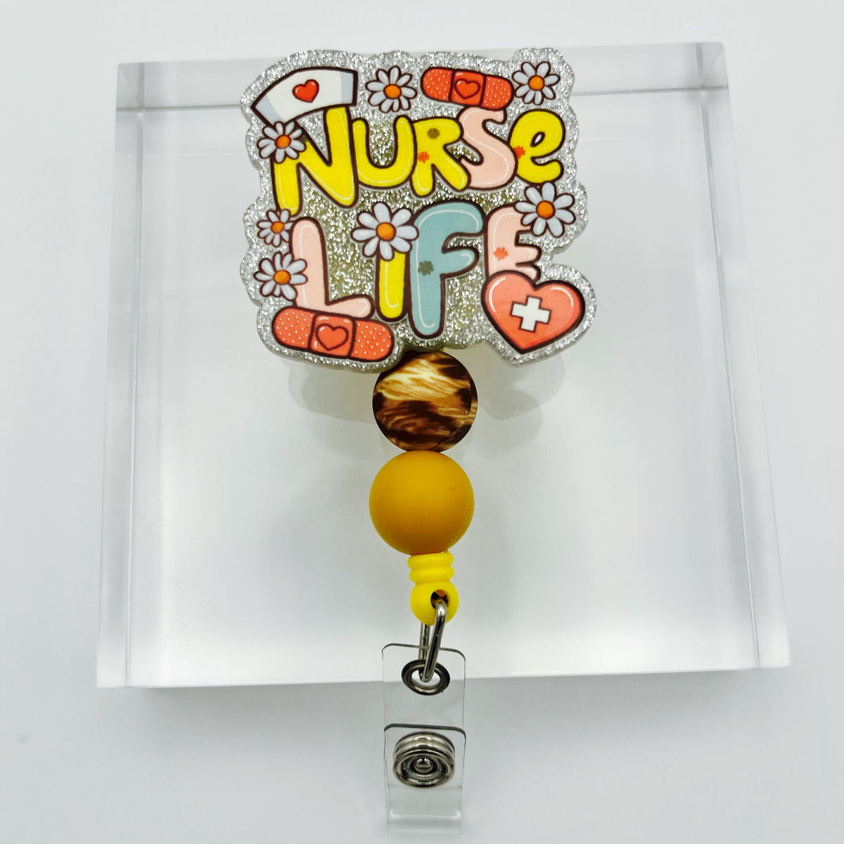 NURSE Life Glitter Acrylic Badge Holder with Beads
