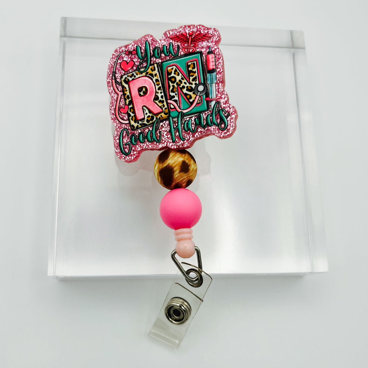Leopard You RN Good Hands Glitter Badge Holder with Beads
