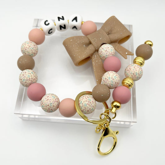 Beautiful Beige Leopard CNA Beaded Keychain Wristlet