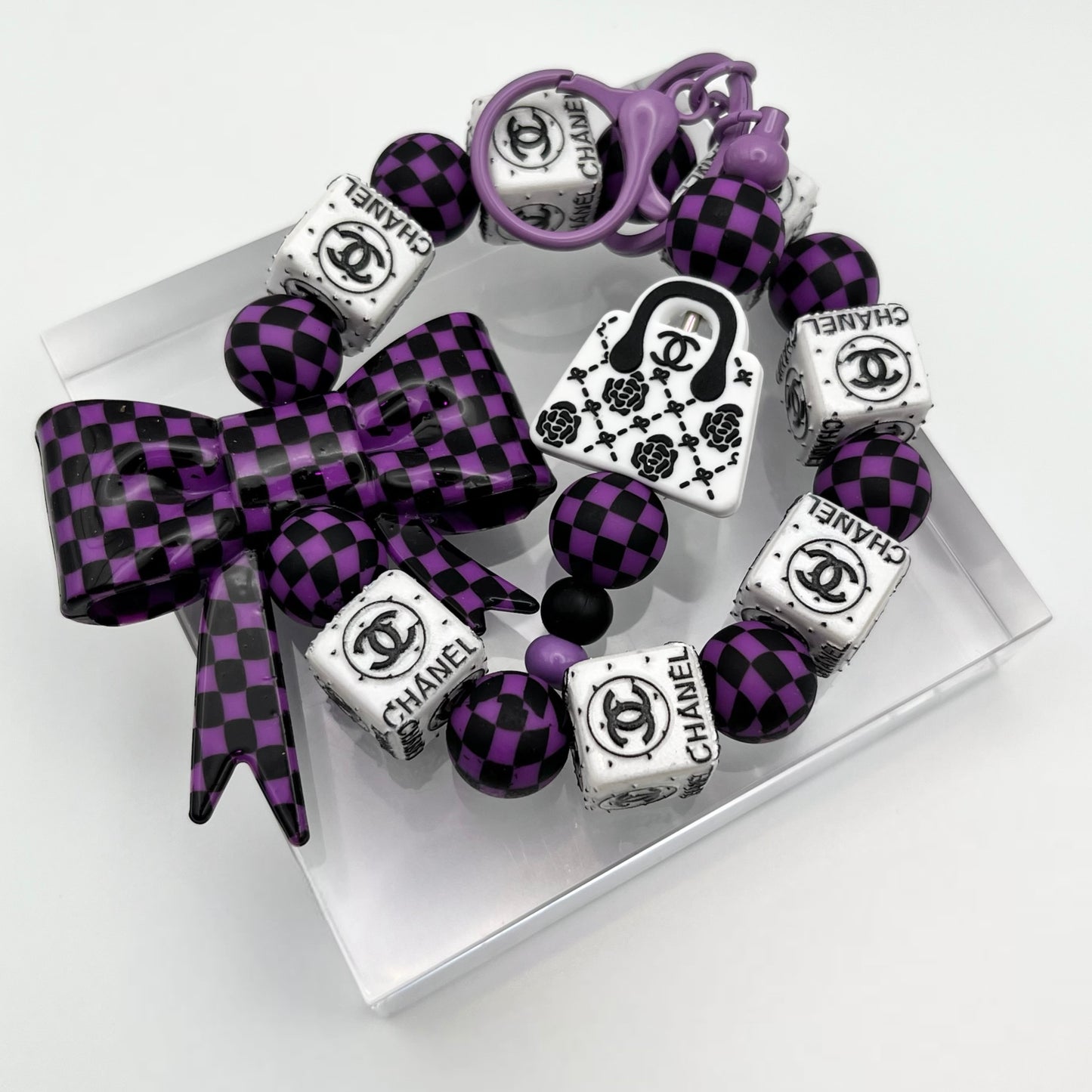 Checkered Purple Fashion Themed Inspired Beaded Keychain Wristlet