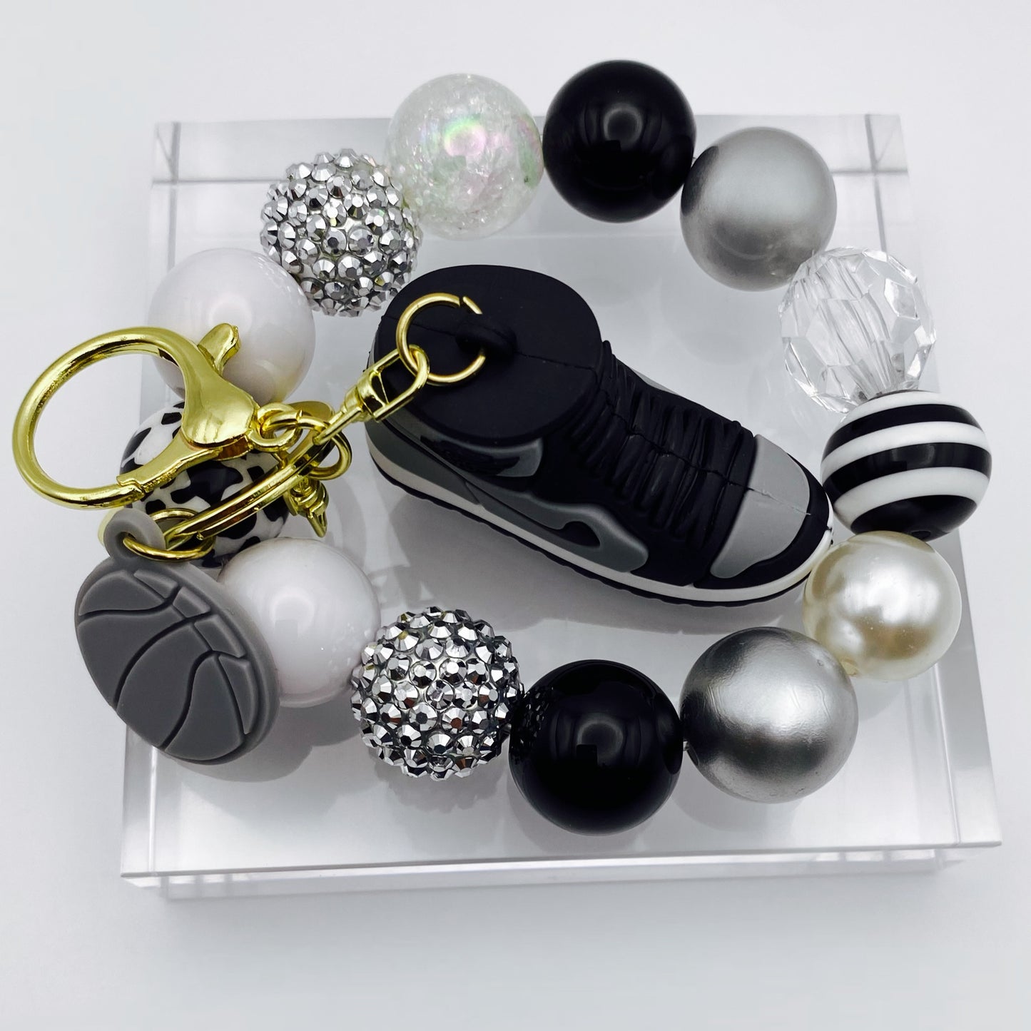 Gray & Black Lux Sneaker Beaded Keychain Wristlet