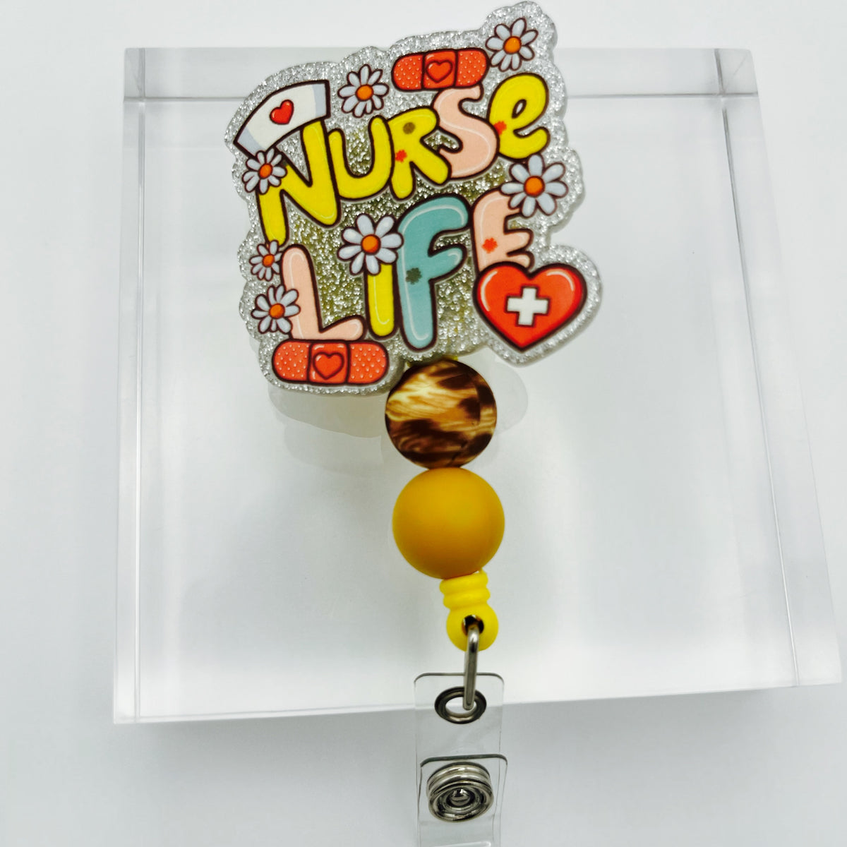 NURSE Life Glitter Acrylic Badge Holder with Beads