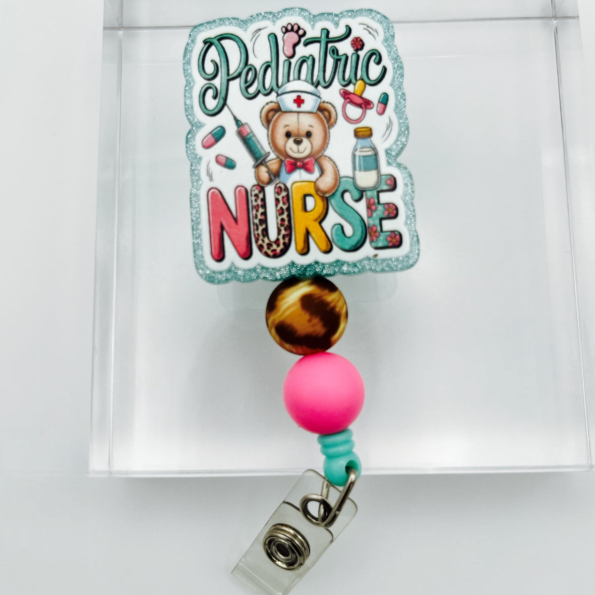 Pediatric Nurse Glitter Acrylic Badge Holder with Beads