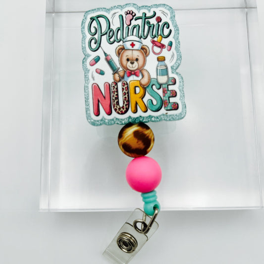 Pediatric Nurse Glitter Acrylic Badge Holder with Beads