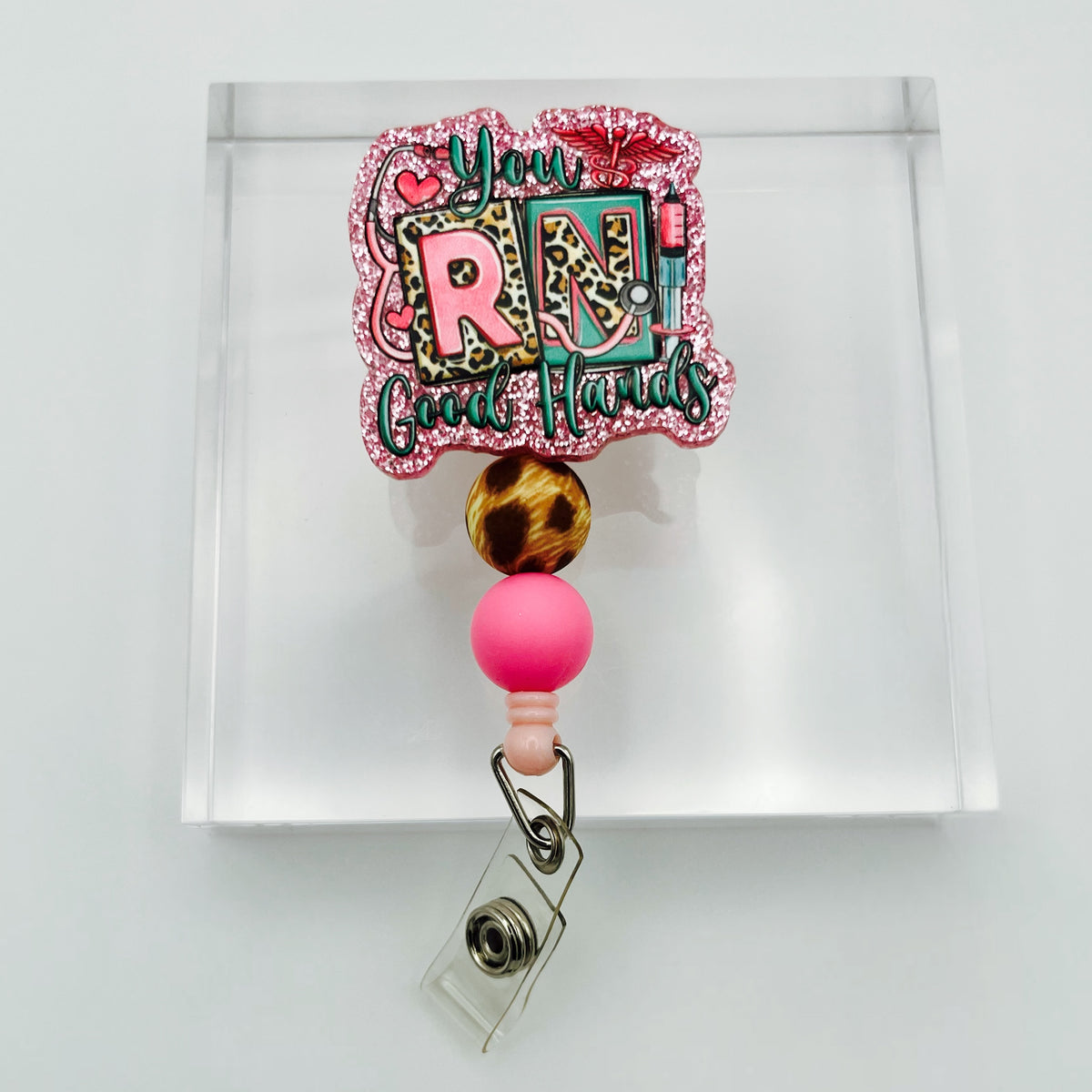 Leopard You RN Good Hands Glitter Badge Holder with Beads