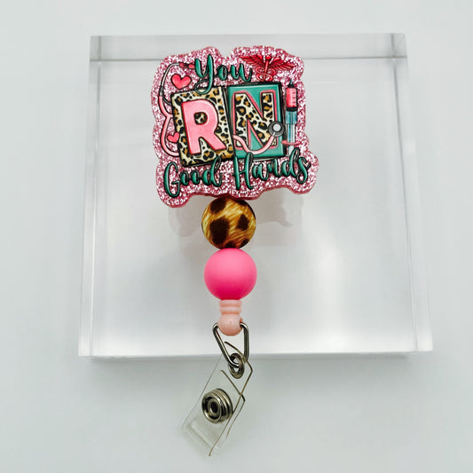 Leopard You RN Good Hands Glitter Badge Holder with Beads