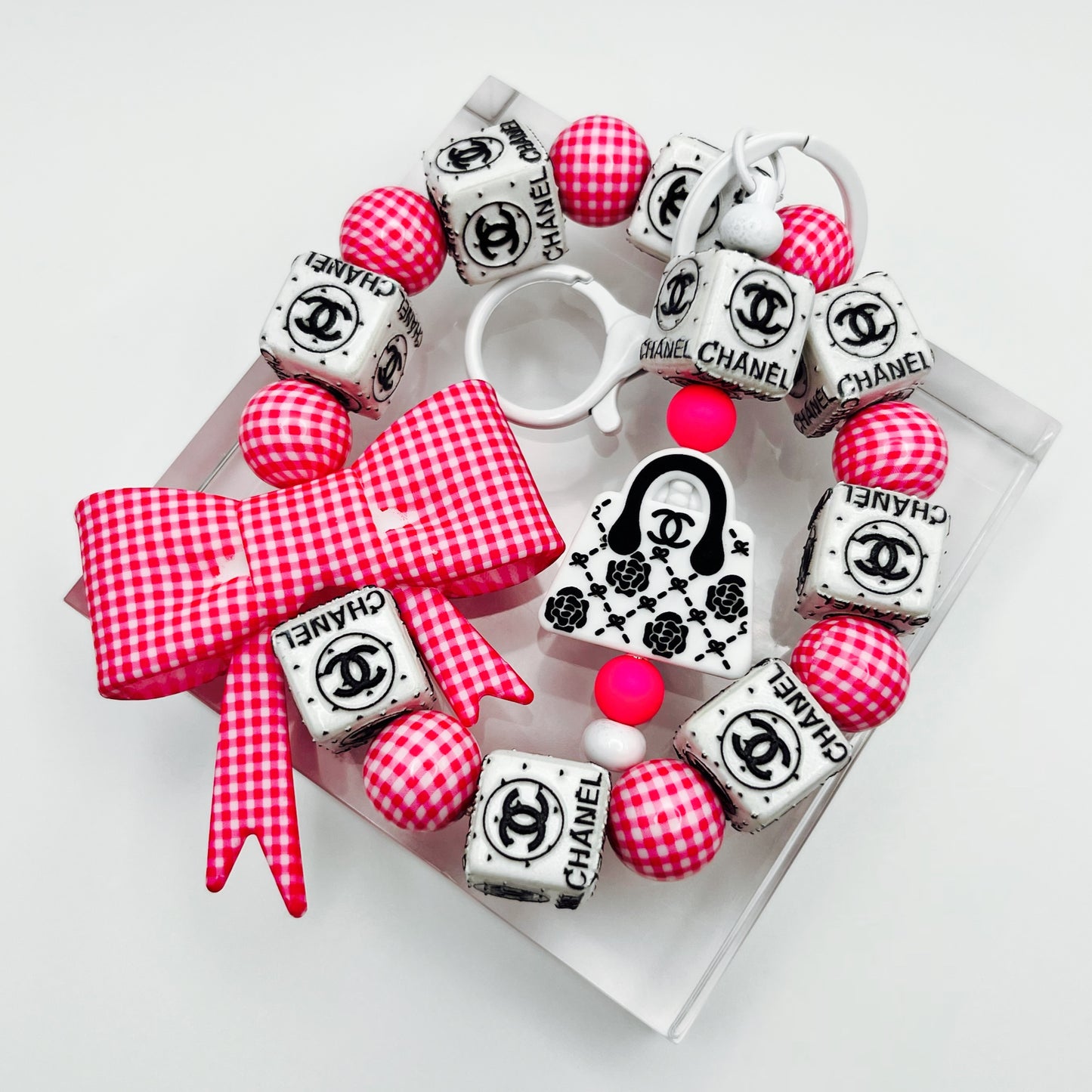 Pink and White Fashion Themed Beaded Keychain Wristlet