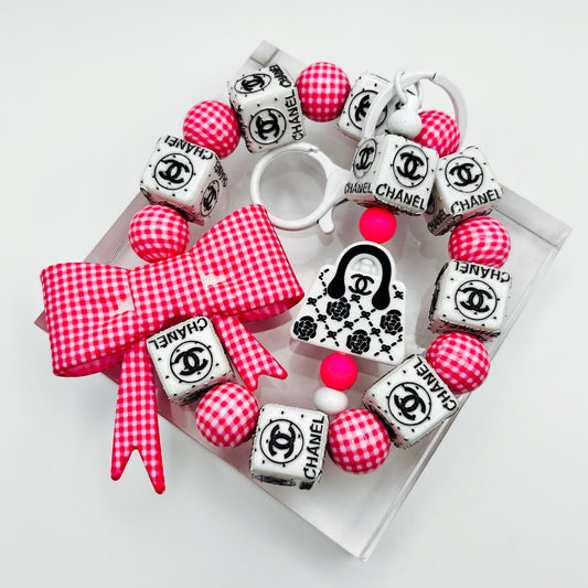Pink and White Fashion Themed Beaded Keychain Wristlet