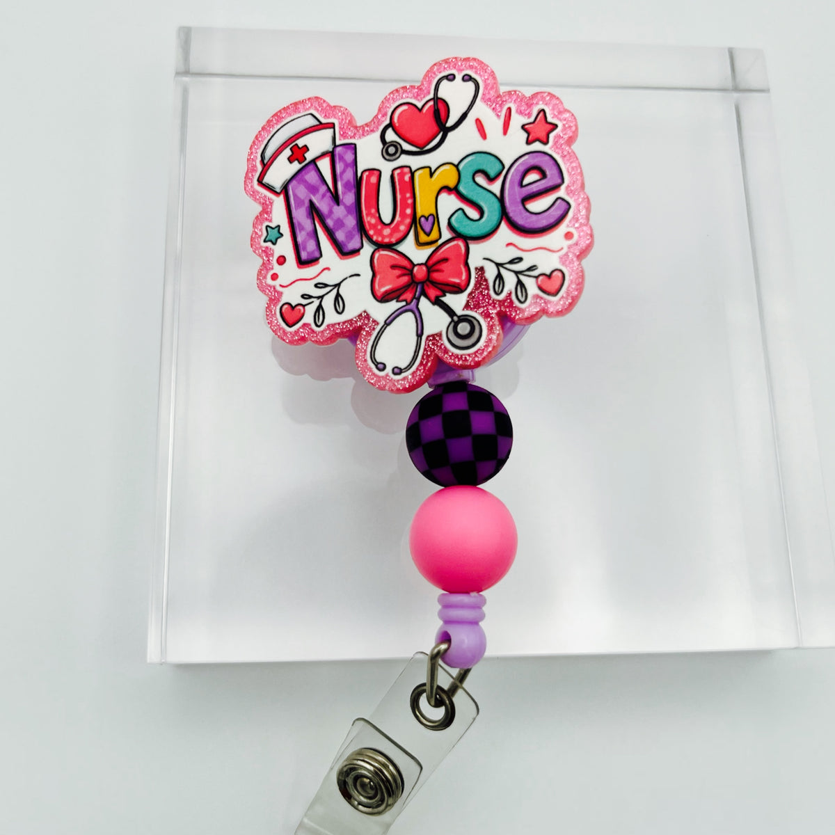 Colorful NURSE Glitter Acrylic Badge Holder with Beads