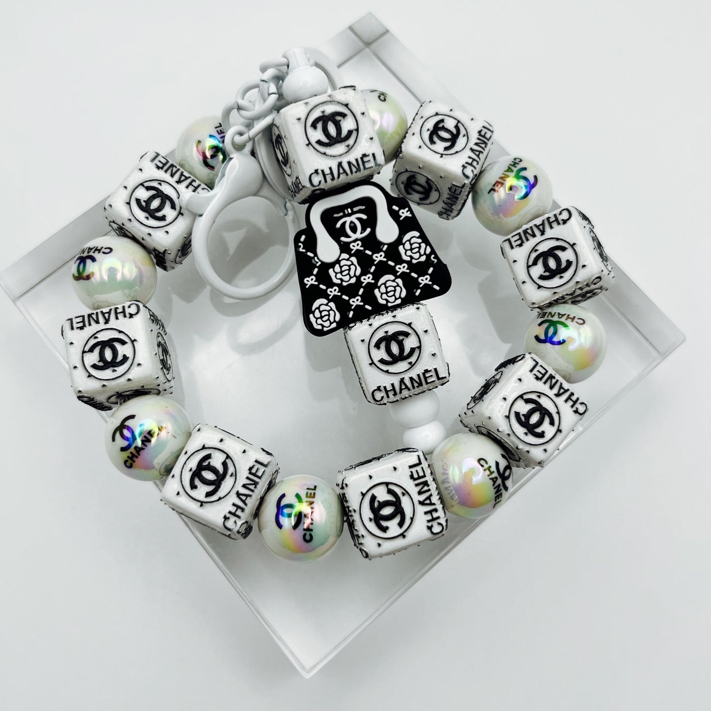 Black and White Fashion Themed Beaded Keychain Wristlet
