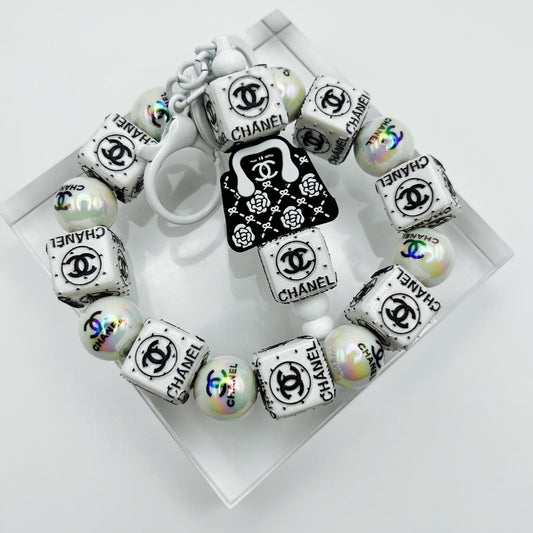 Black and White Fashion Themed Beaded Keychain Wristlet