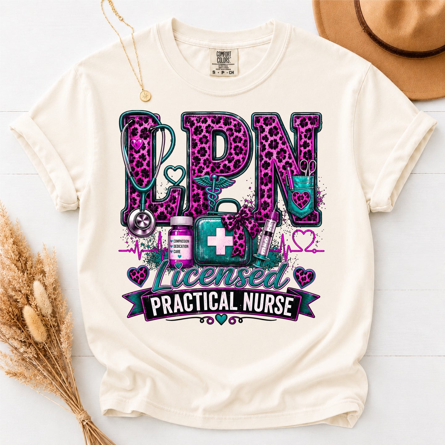 LPN Licensed Practical Nurse Comfort Colors Purple Leopard T-Shirt