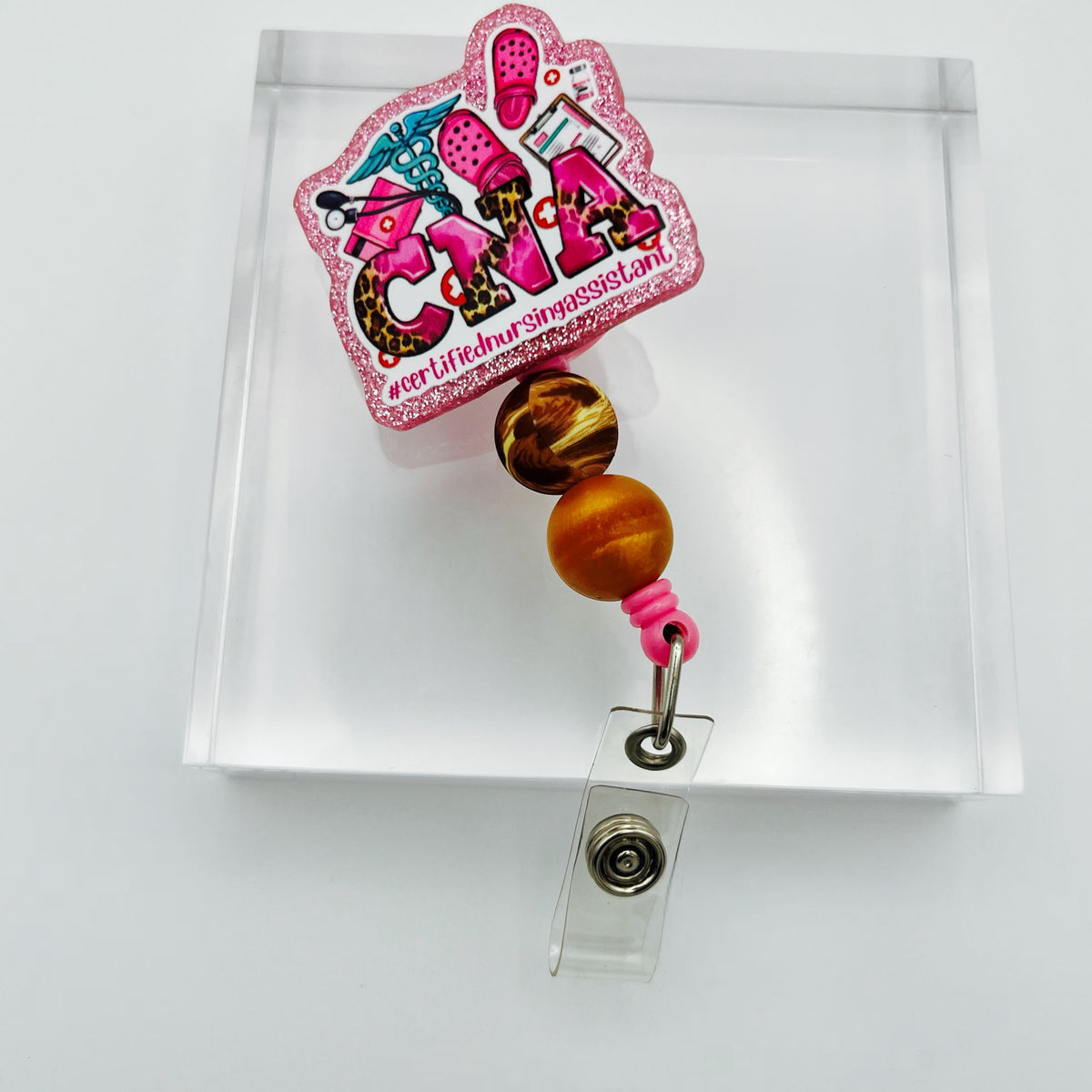 CNA Glitter Acrylic Badge Holder with Retractable Reel & Beads