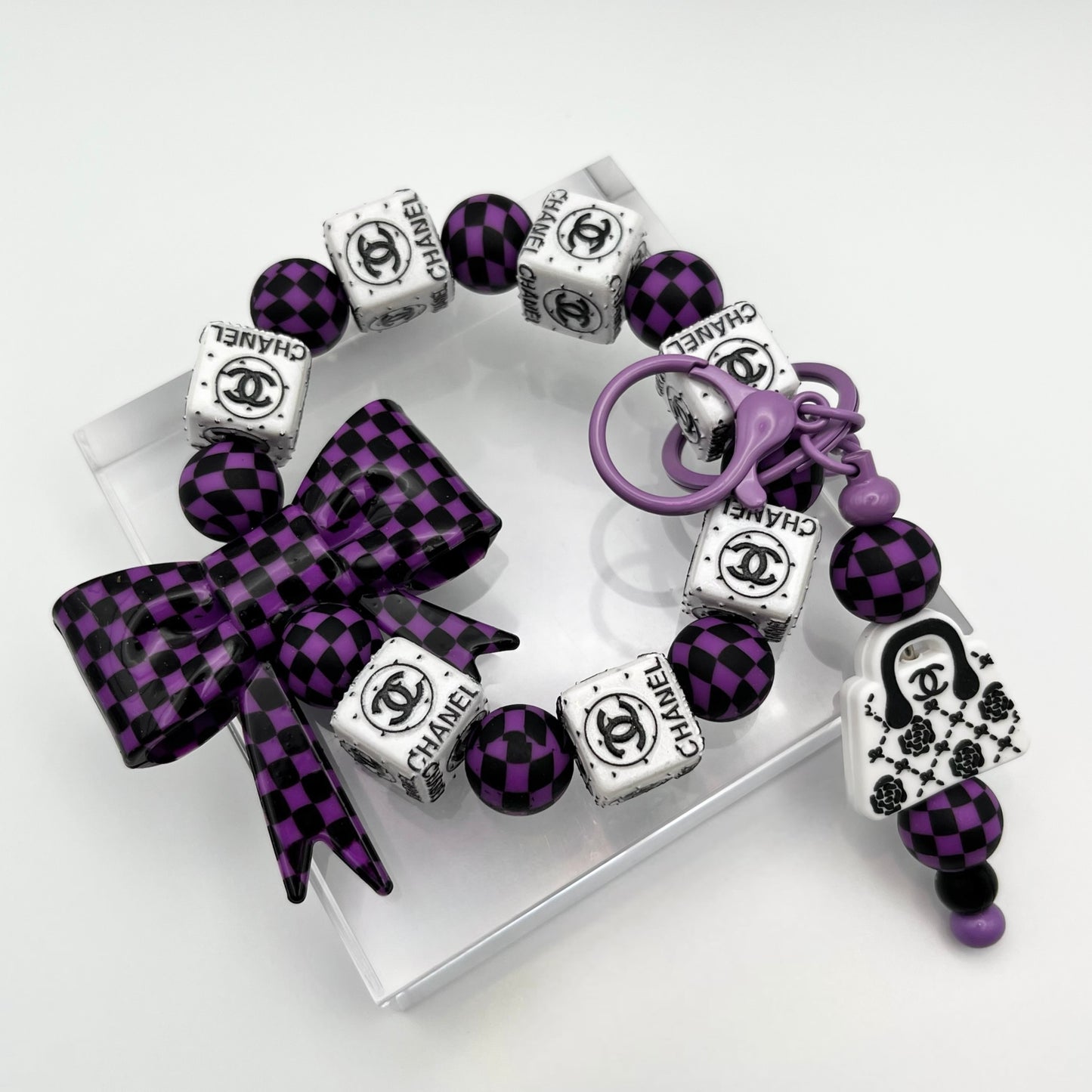 Checkered Purple Fashion Themed Inspired Beaded Keychain Wristlet