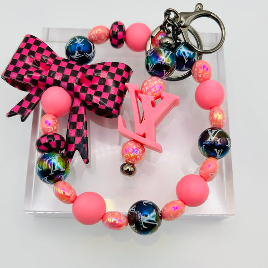 Fashion Themed Pink L-V Inspired Beaded Keychain Wristlet
