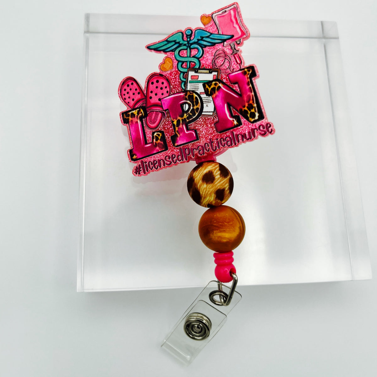 Leopard LPN Glitter Acrylic Badge Holder with Beads
