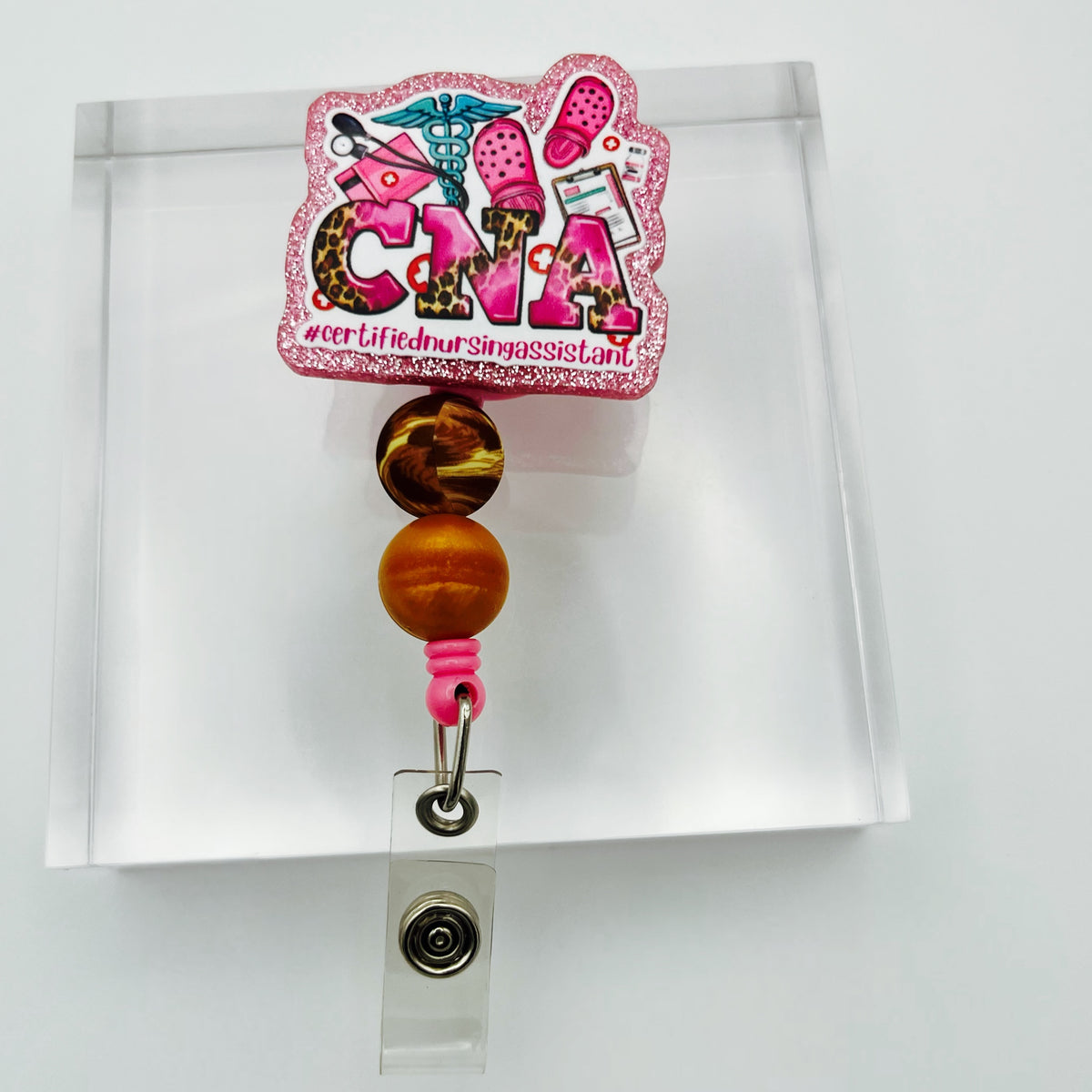 CNA Glitter Acrylic Badge Holder with Retractable Reel & Beads