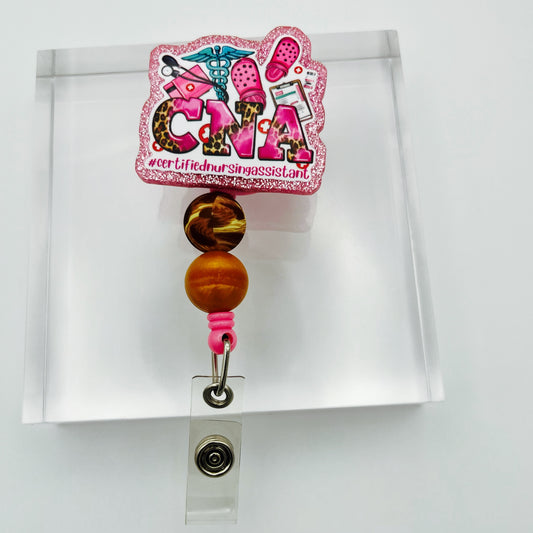 CNA Glitter Acrylic Badge Holder with Retractable Reel & Beads