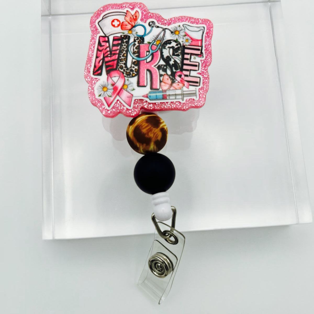 Leopard NURSE Glitter Acrylic Badge Holder with Beads