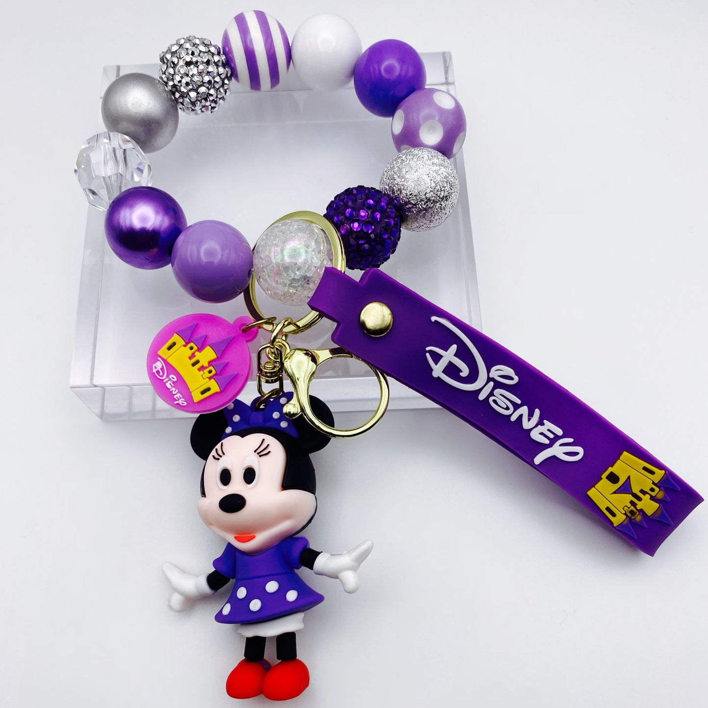 Purple 3D Minnie Beaded Keychain Wristlet