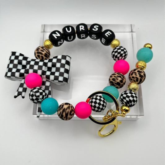 Checkered Nurse Beaded Keychain Wristlet with Bow