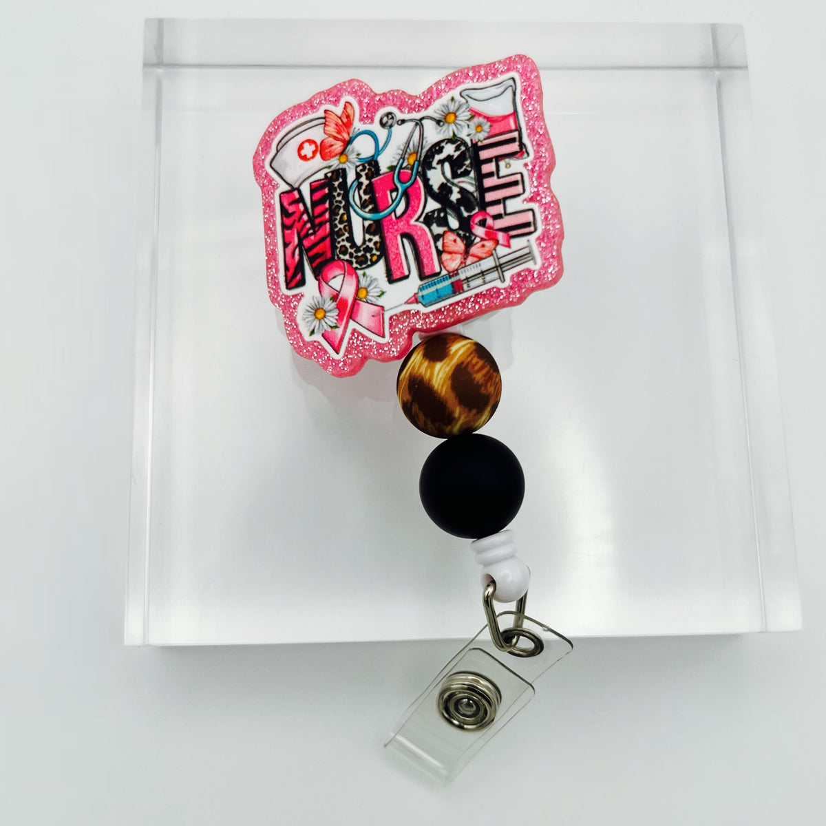 Leopard NURSE Glitter Acrylic Badge Holder with Beads