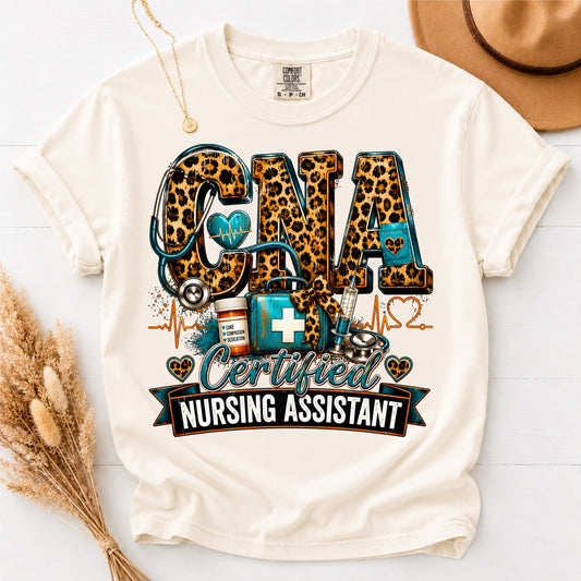 CNA Certified Nursing Assistant Comfort Colors Leopard T-Shirt