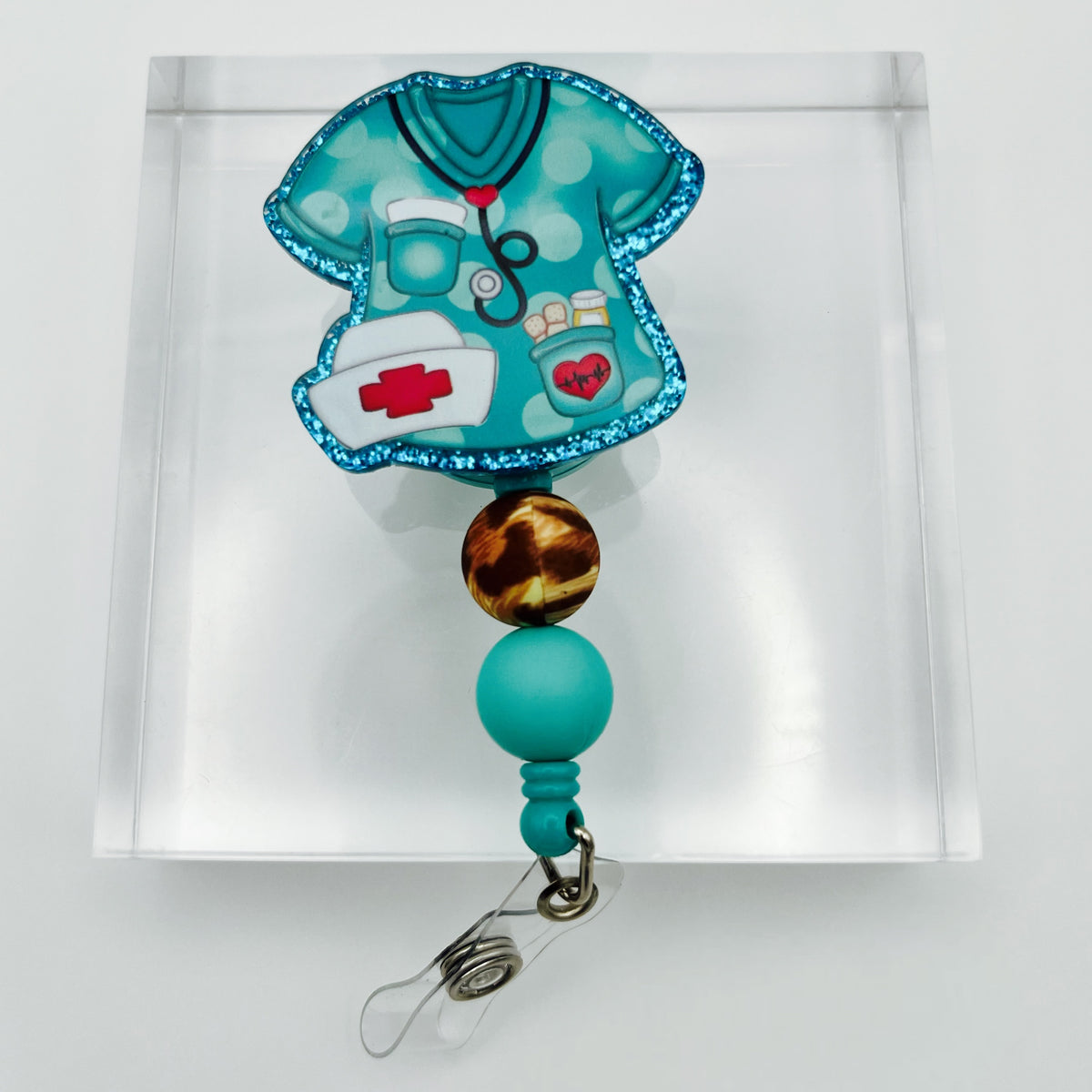 Nurse Scrub Top Glitter Acrylic Badge Holder with Beads