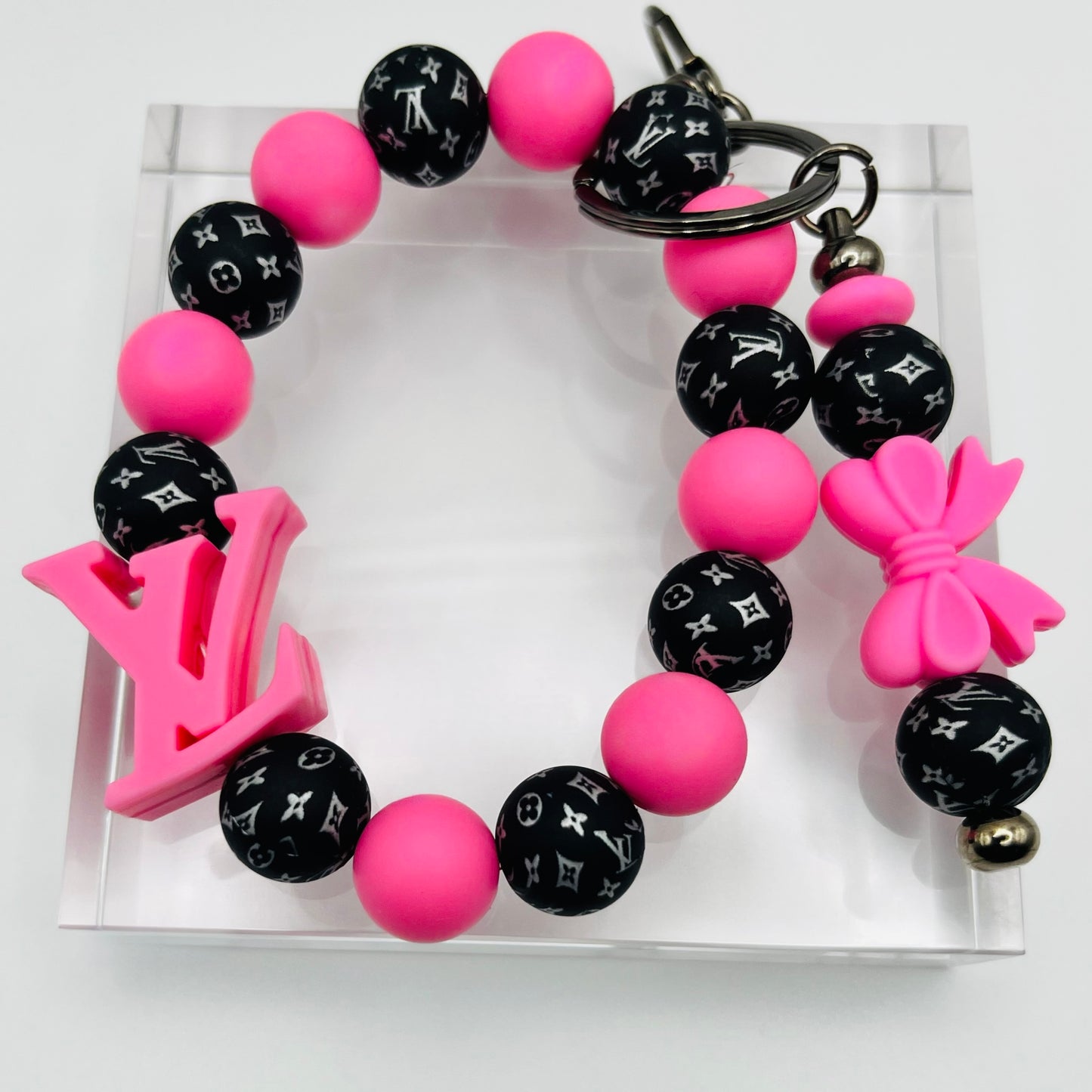 Fashion Themed Pink LV Beaded Keychain Wristlet