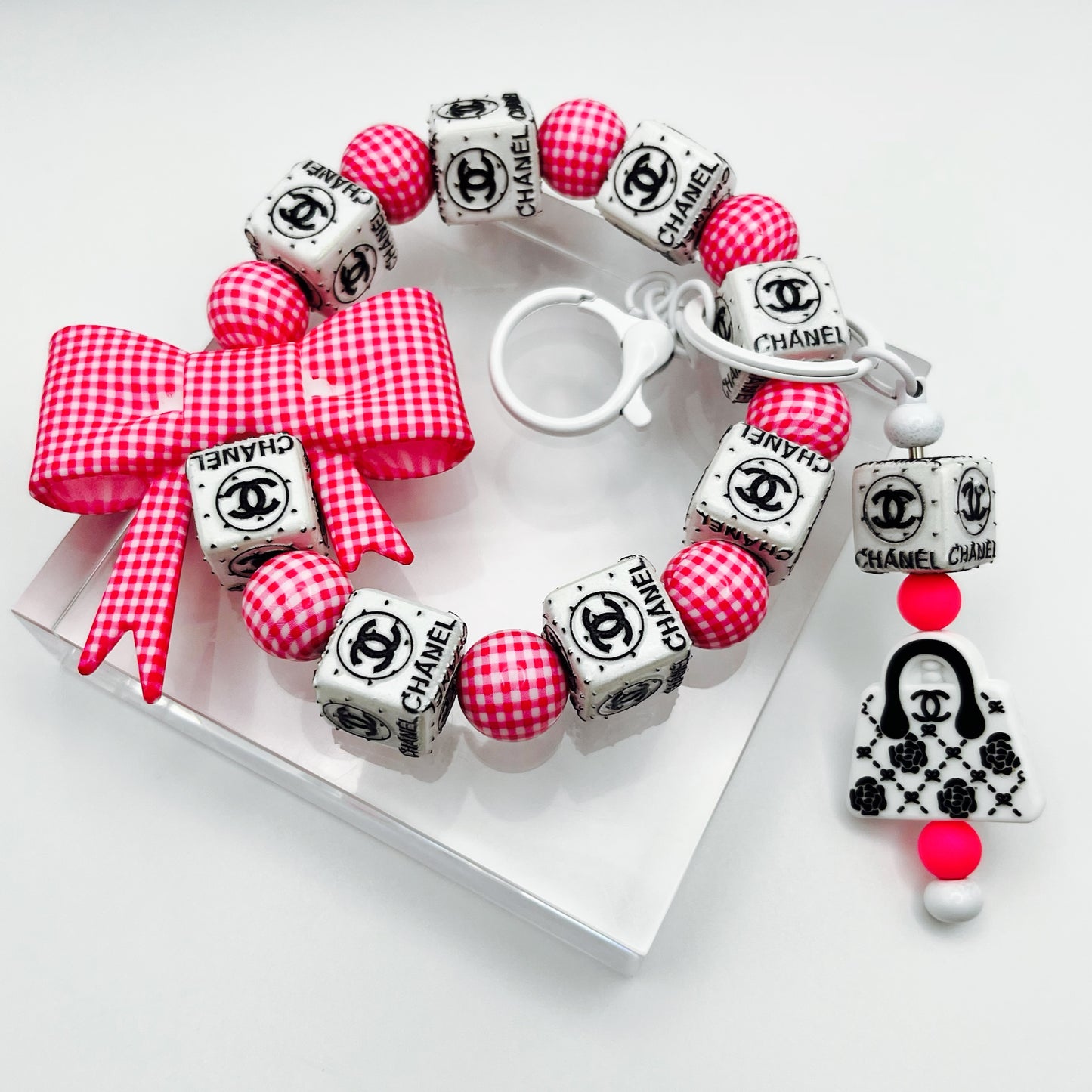 Pink and White Fashion Themed Beaded Keychain Wristlet