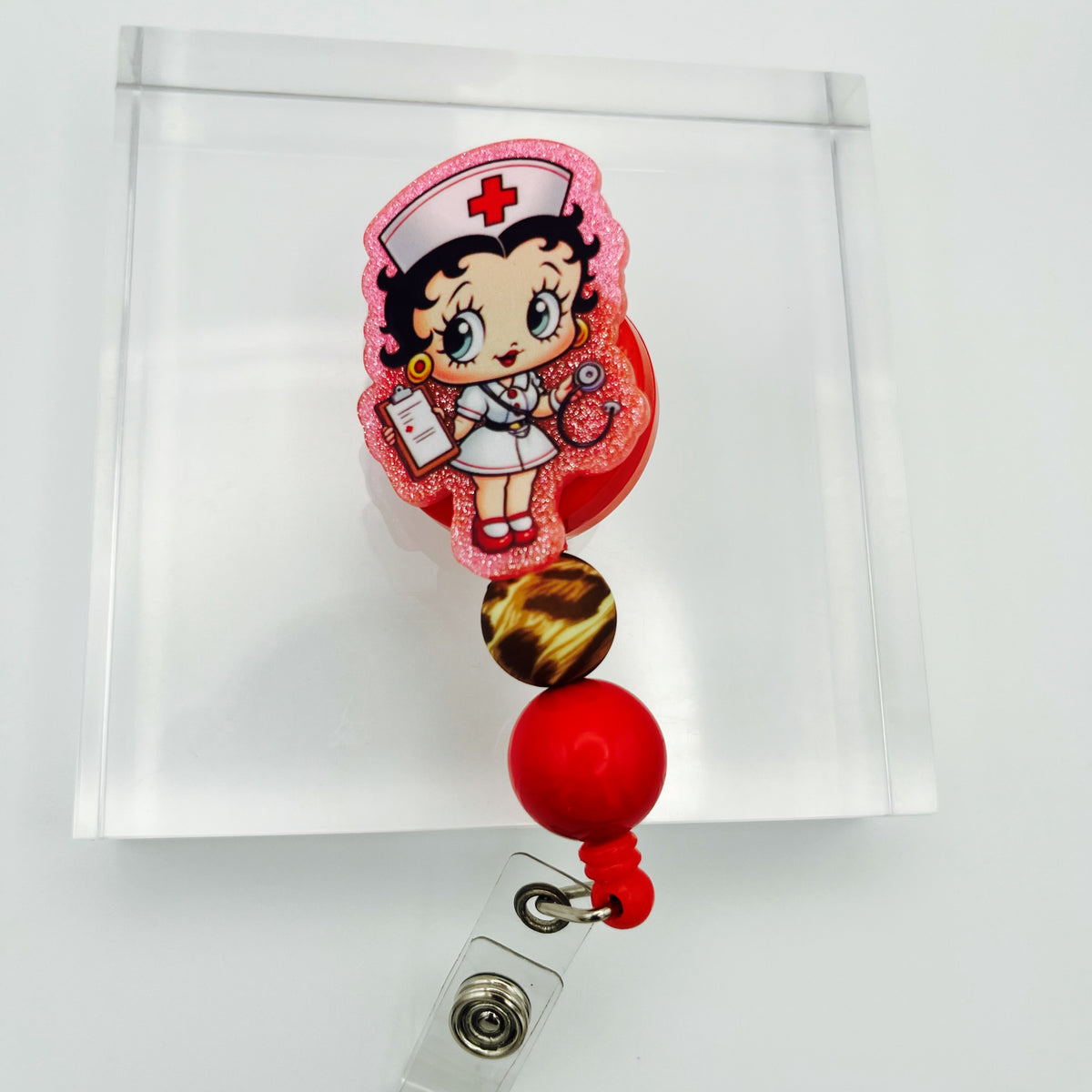 Retro Glam Nurse Glitter Acrylic Badge Holder with Beads