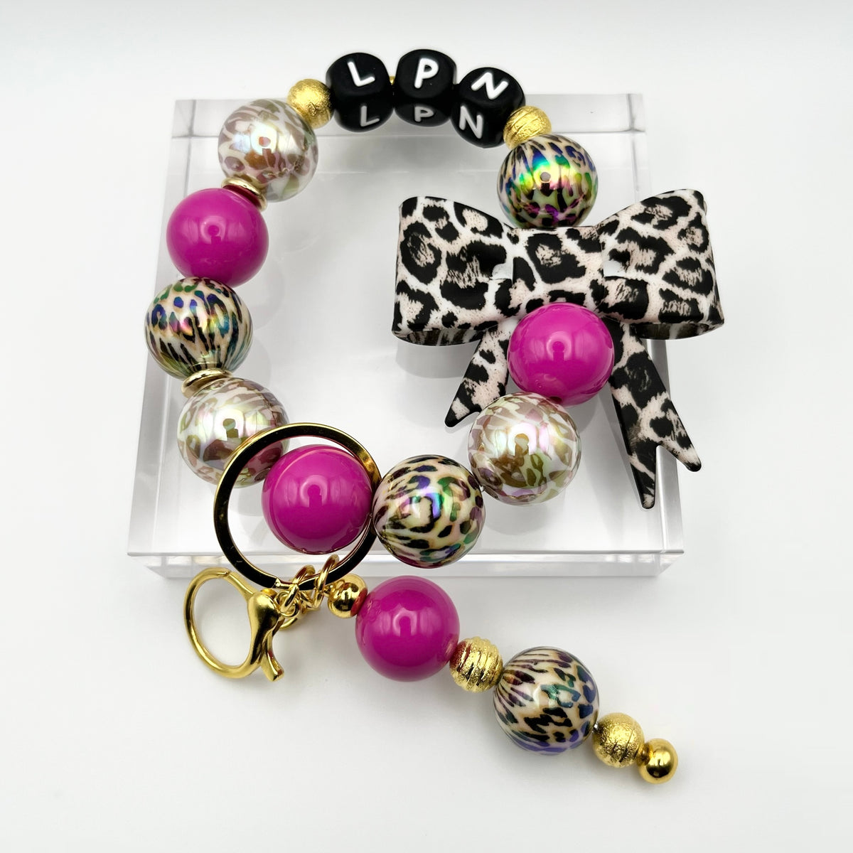 Leopard LPN Beaded Keychain Wristlet with Bow