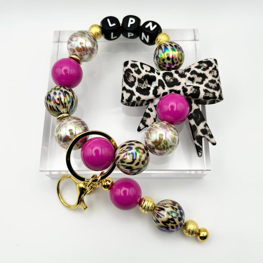 Leopard LPN Beaded Keychain Wristlet with Bow
