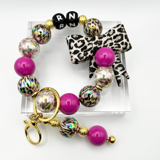 Leopard RN Beaded Keychain Wristlet with Bow