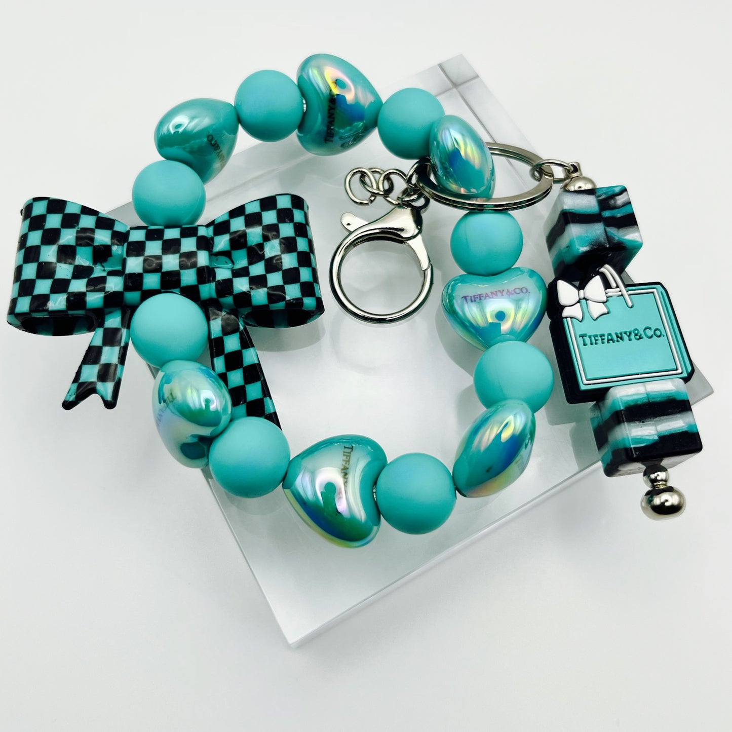 Fashion Themed Tiff and Co. Inspired Beaded Keychain Wristlet