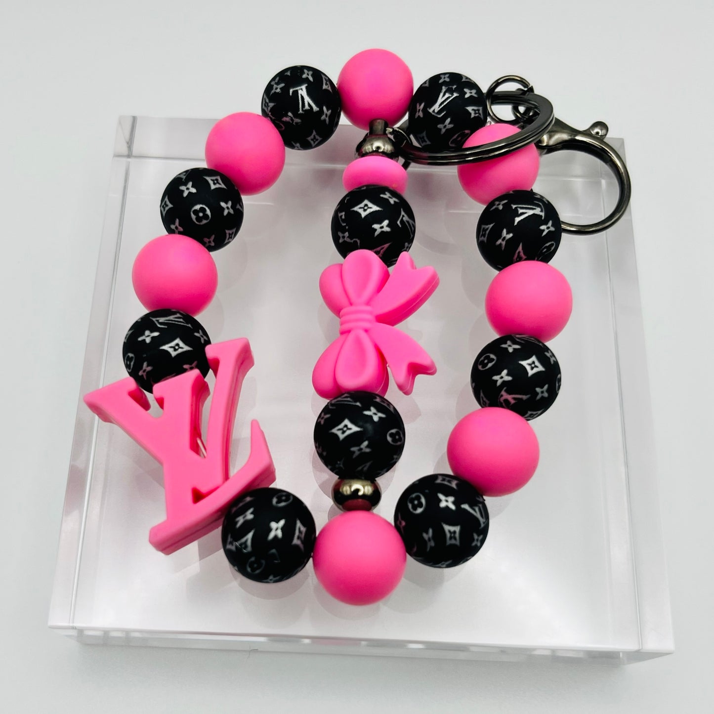Fashion Themed Pink LV Beaded Keychain Wristlet