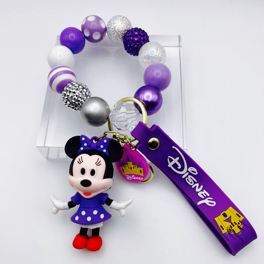 Purple 3D Minnie Beaded Keychain Wristlet