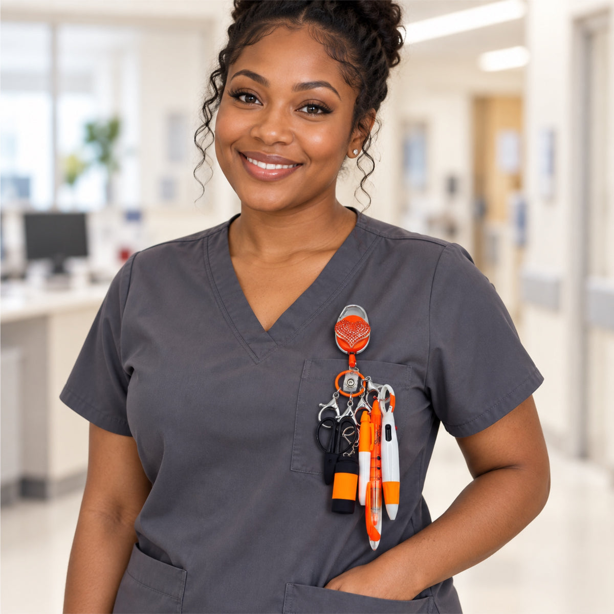 Orange Nurse & CNA Badge Holder with Accessories.