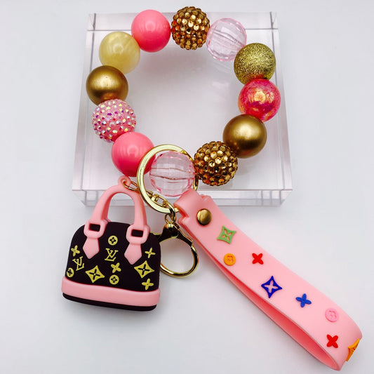 Pink LV Inspired Beaded Keychain Wristlet