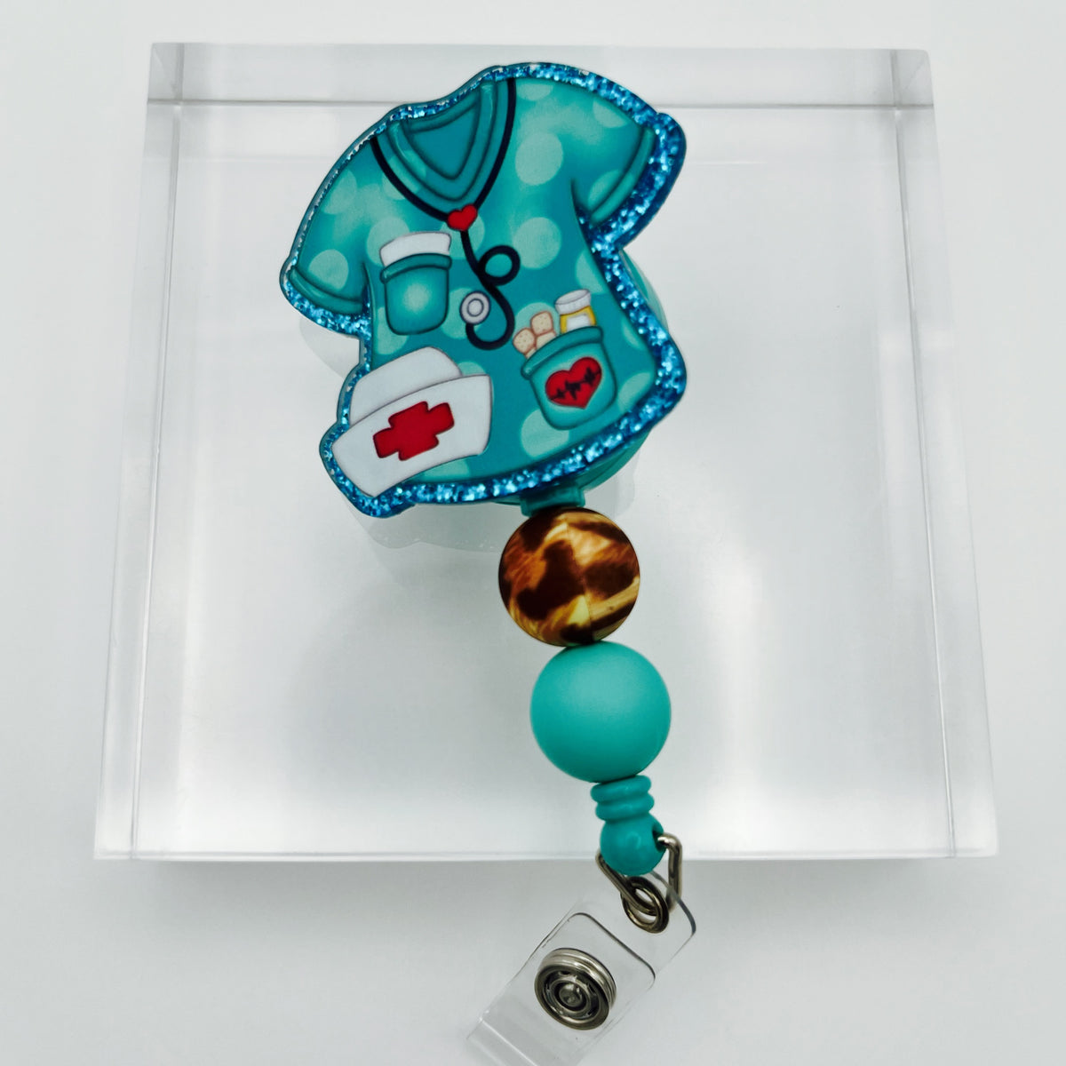 Nurse Scrub Top Glitter Acrylic Badge Holder with Beads