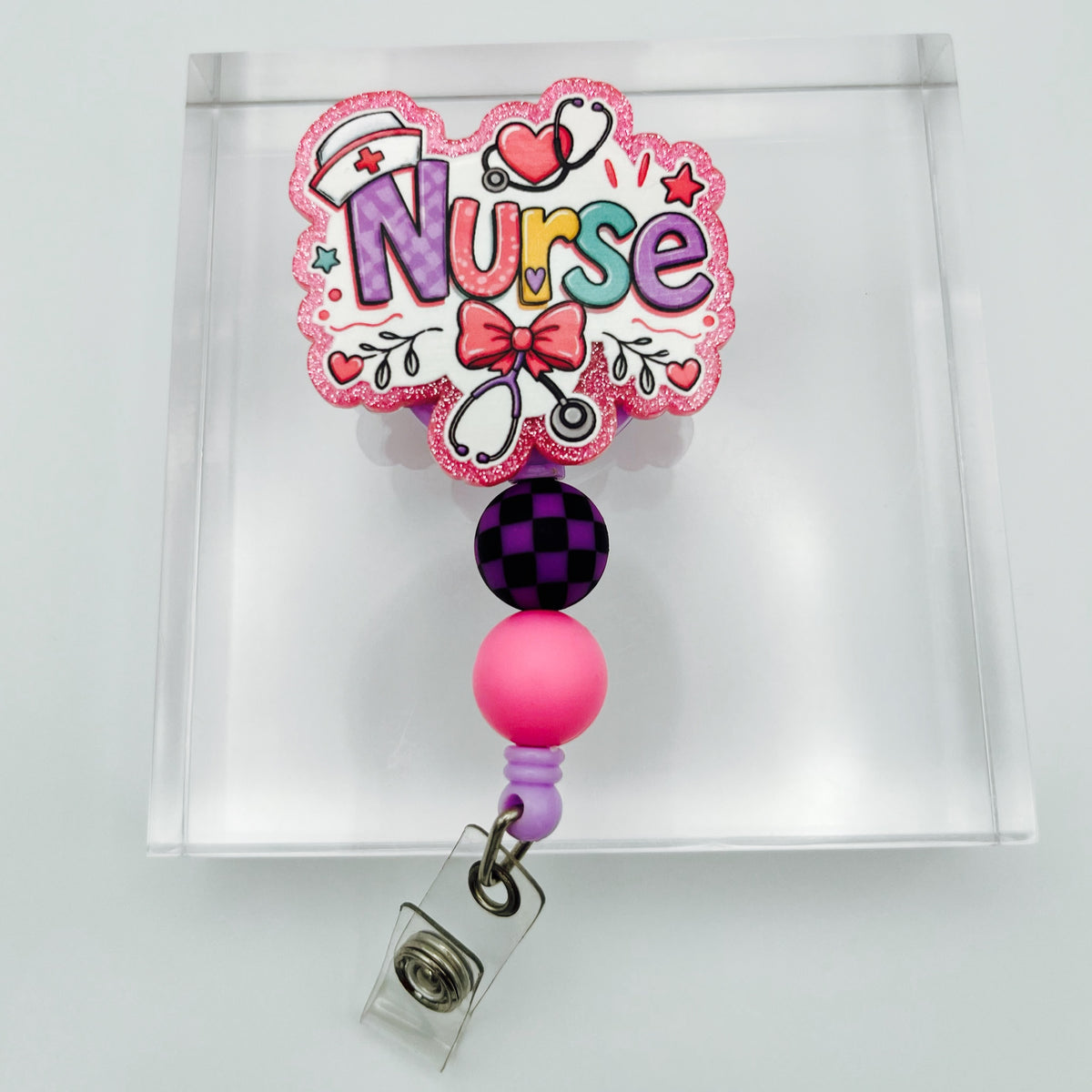 Colorful NURSE Glitter Acrylic Badge Holder with Beads
