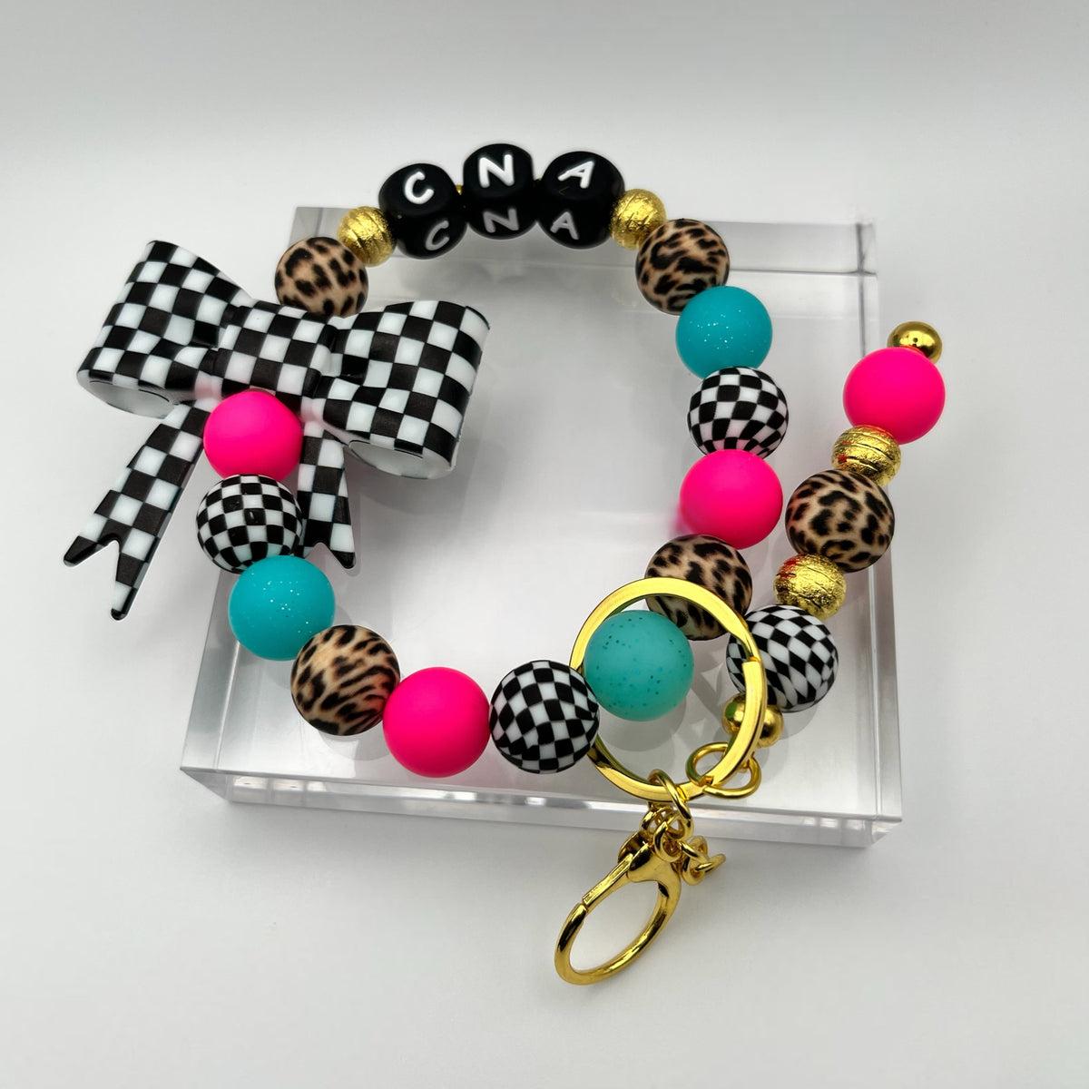 Checkered CNA Beaded Keychain Wristlet with Bow