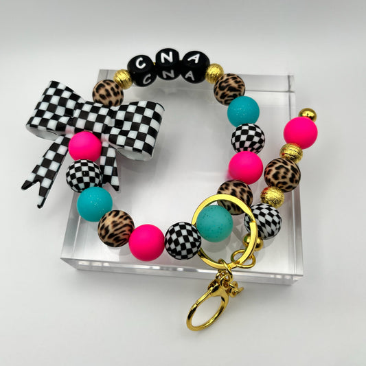 Checkered CNA Beaded Keychain Wristlet with Bow