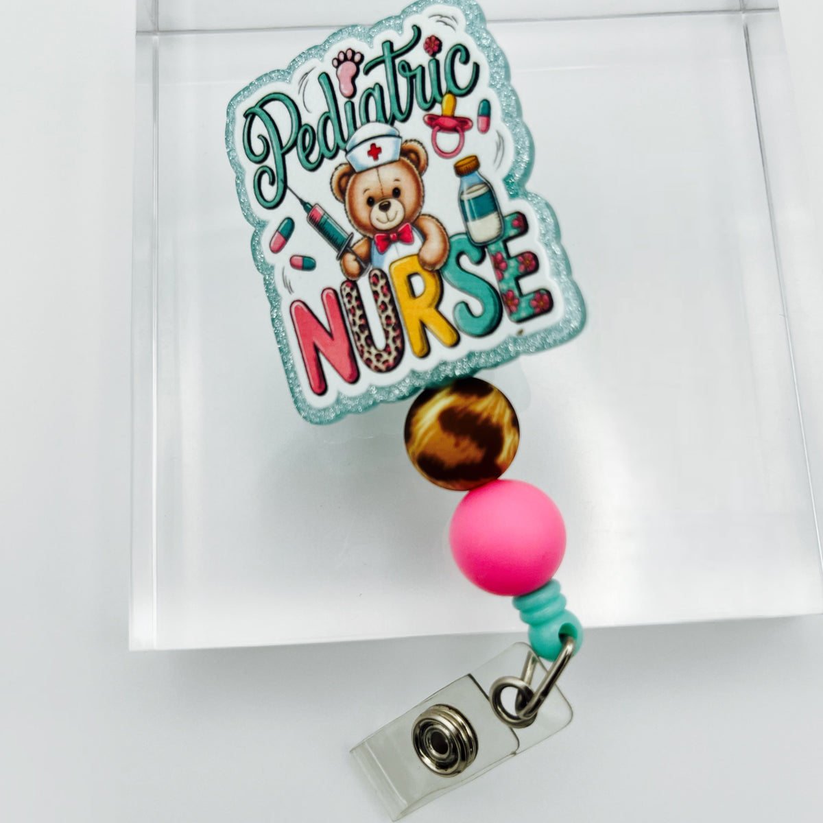 Pediatric Nurse Glitter Acrylic Badge Holder with Beads